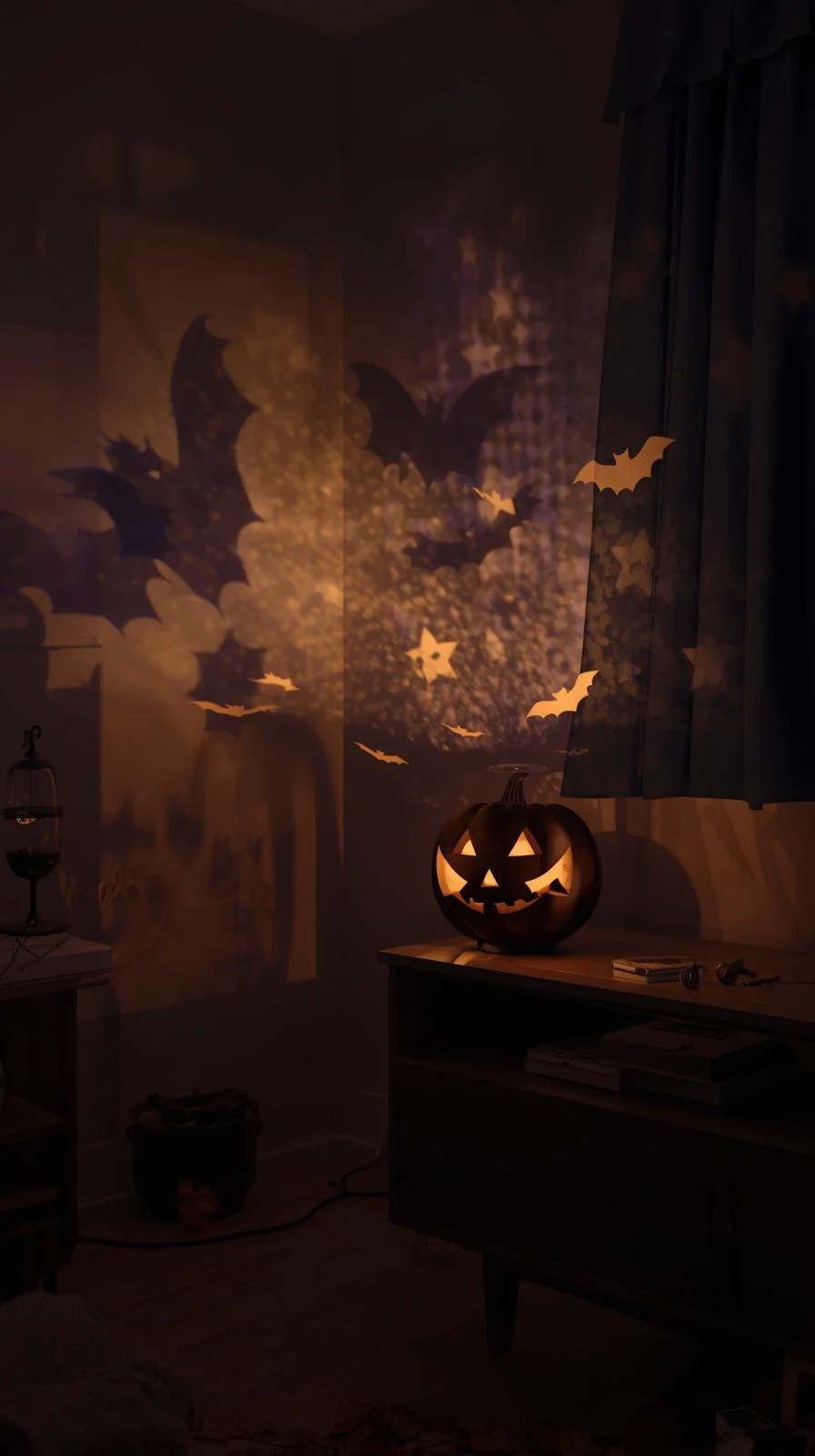 Spinning projection lights with bats, pumpkins, and stars creating 90s Halloween decorations ideas in a living room.