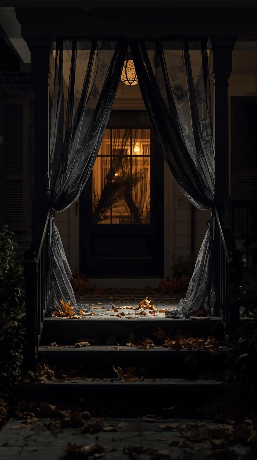 Front porch Halloween ideas featuring draped black gauze and cheesecloth creating spooky shadows and a haunted atmosphere.