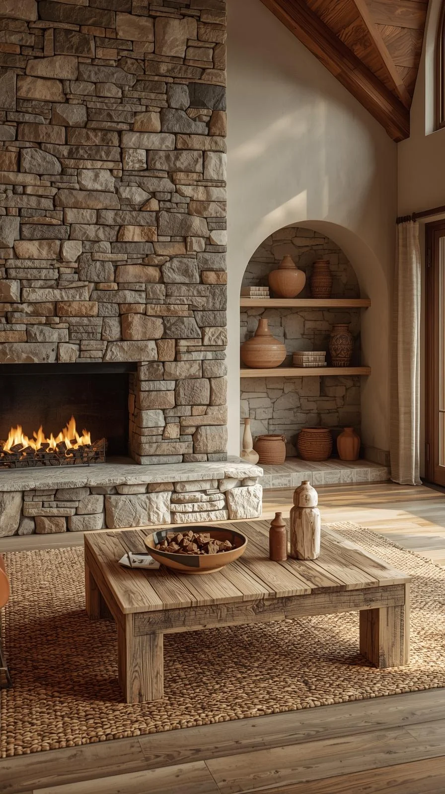 Earthy cottage home decor ideas featuring a stone fireplace and natural stone textures in a cozy living room.