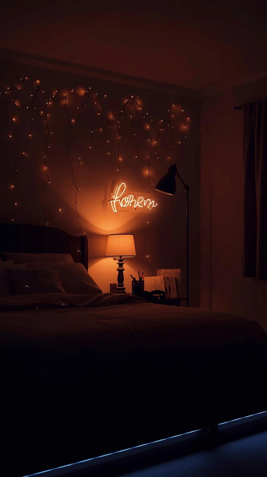Teen bedroom design with warm layered lighting, string lights, bedside lamp, and neon sign creating a cozy mood.