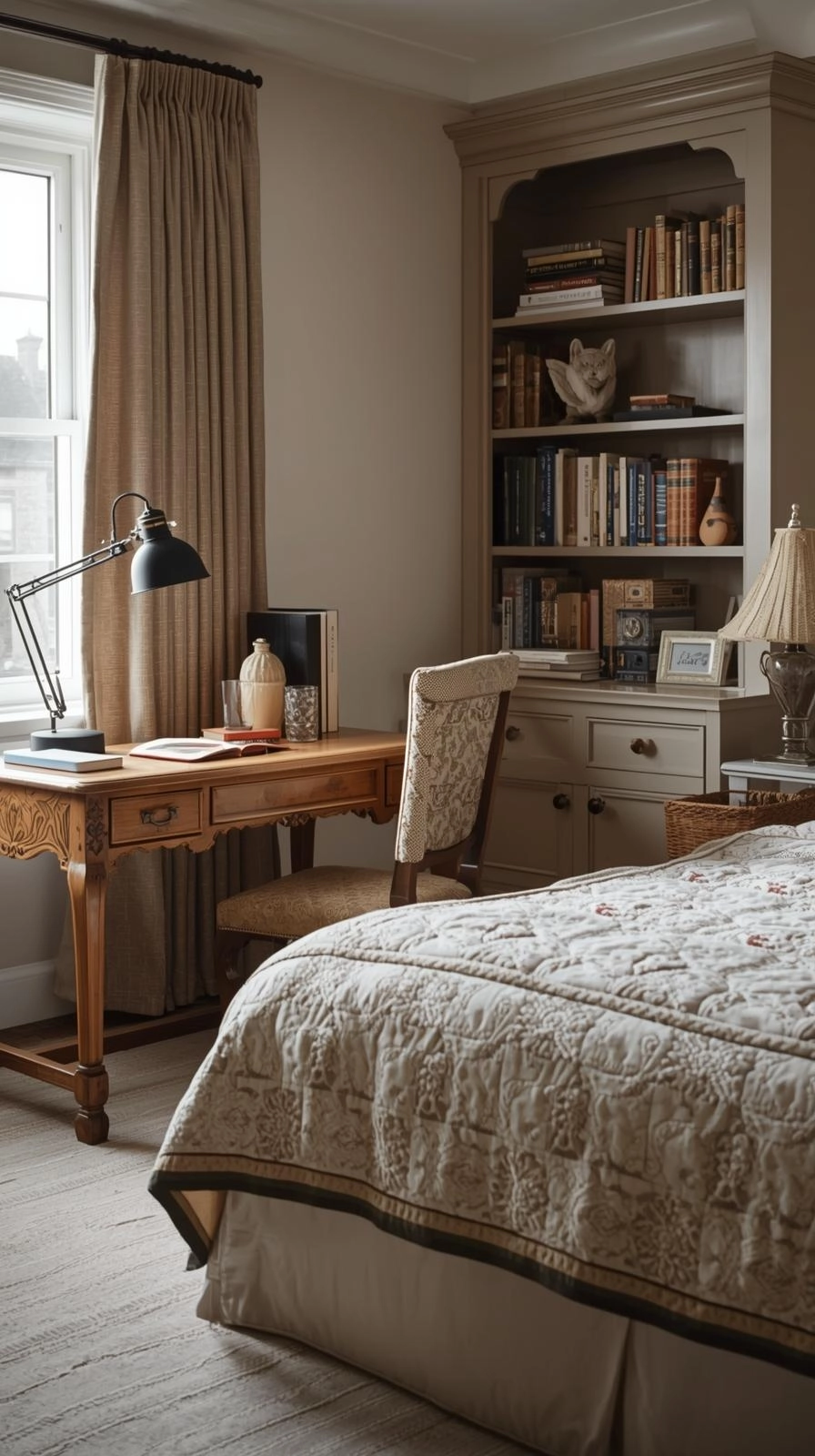 Teen bedroom design mixing old and new pieces with a vintage desk, modern lamp, and cozy quilt.