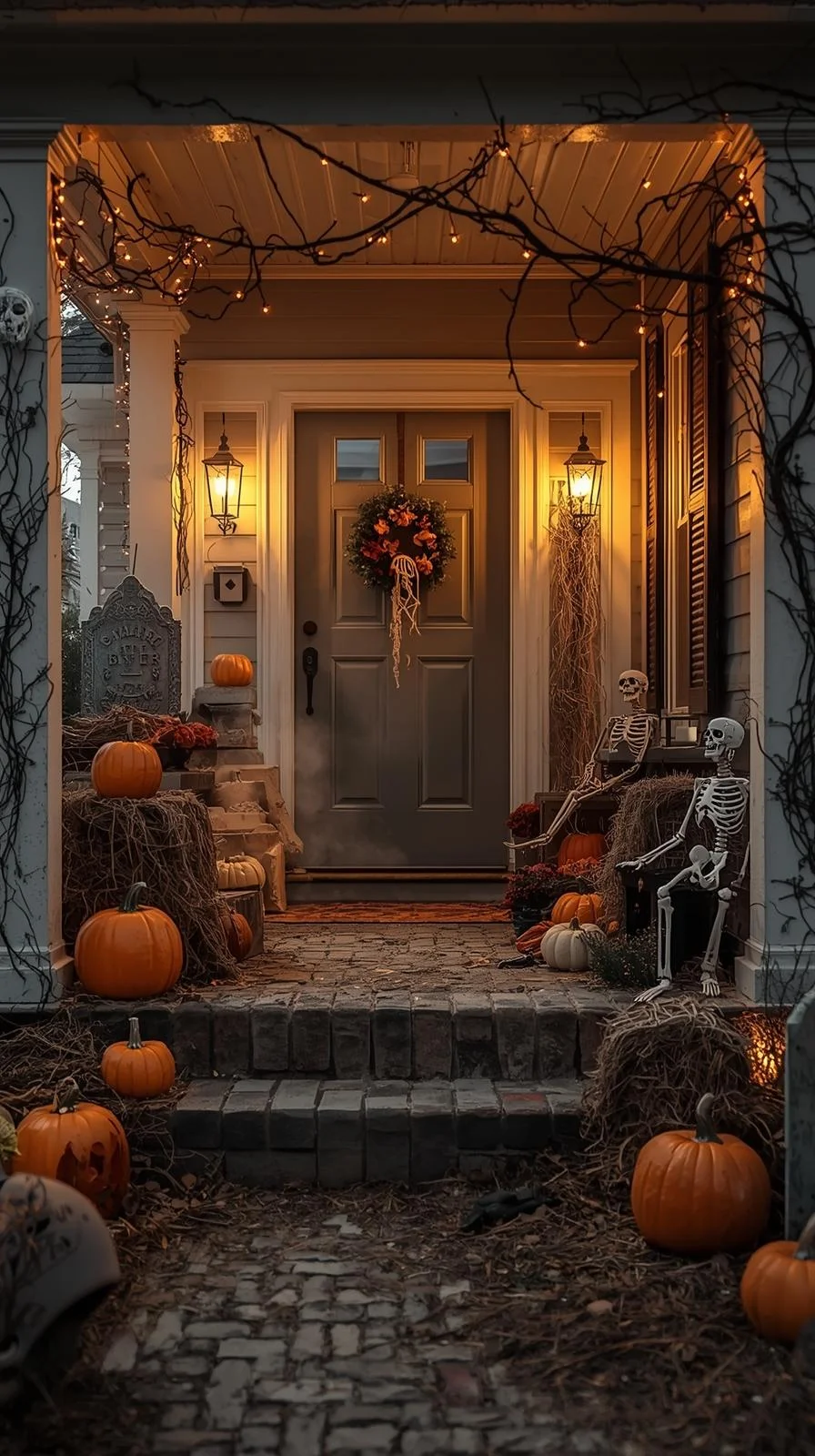 Front porch Halloween ideas showing a themed haunted graveyard with tombstones, skeletons, pumpkins, and fog.