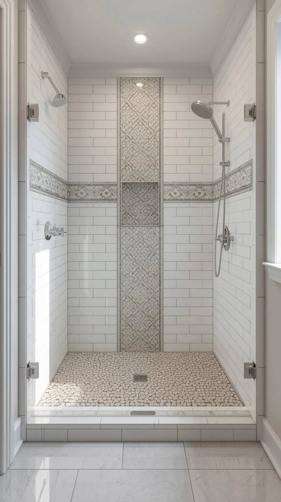 Walk in shower with wall no door ideas using subway tile walls and pebble stone flooring for a spa-like modern bathroom.