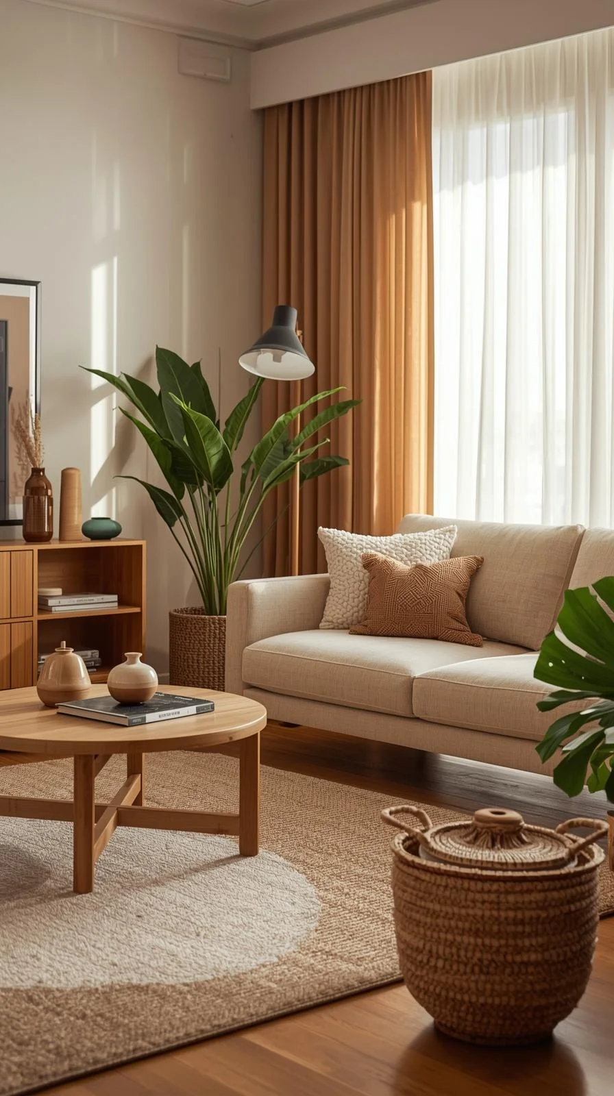 Modern apartment living room with warm apartment aesthetic featuring natural wood furniture, neutral sofa, and timeless decor.