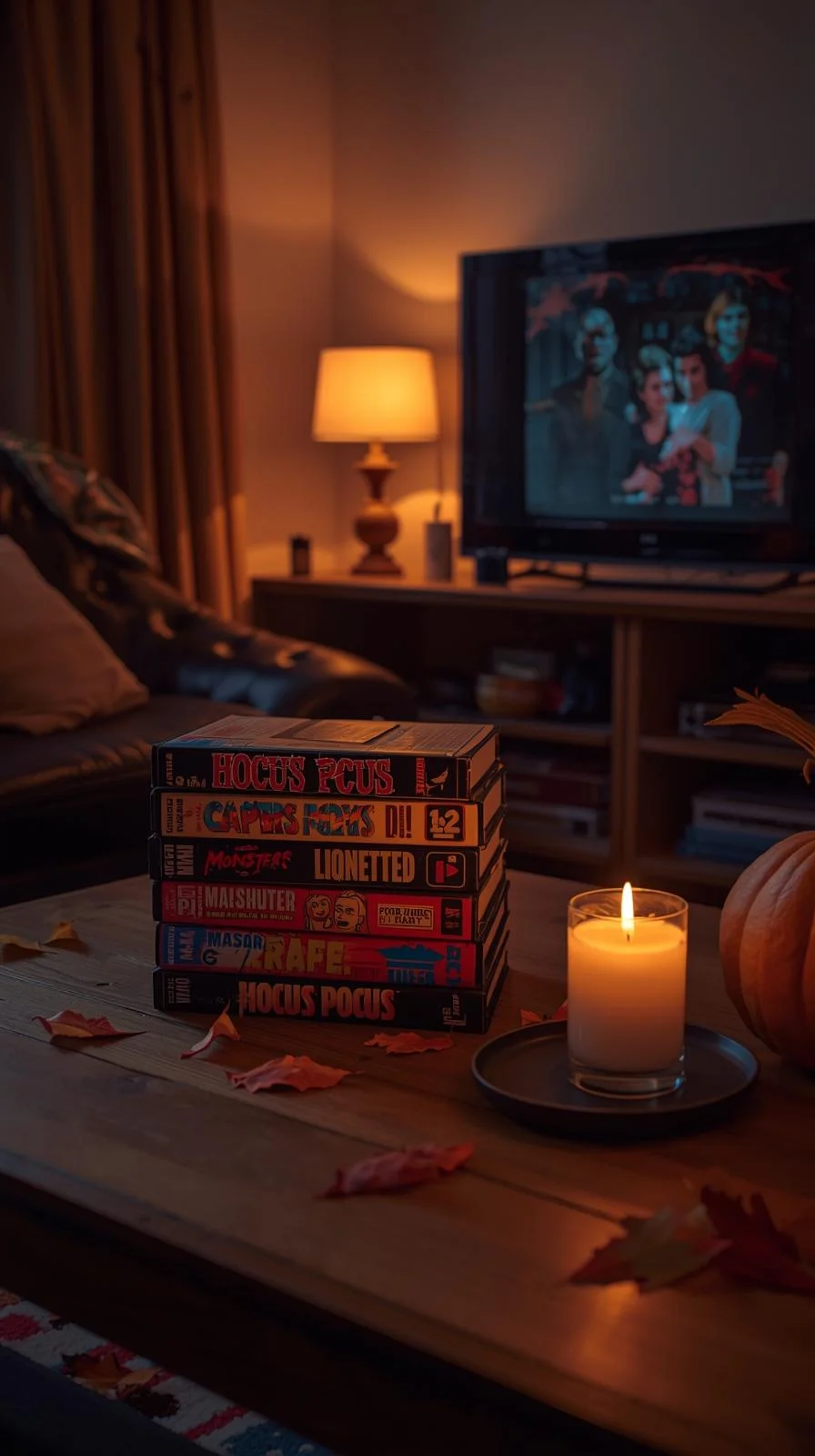 VHS horror tapes like Hocus Pocus and Casper displayed as nostalgic 90s Halloween decorations ideas in a living room