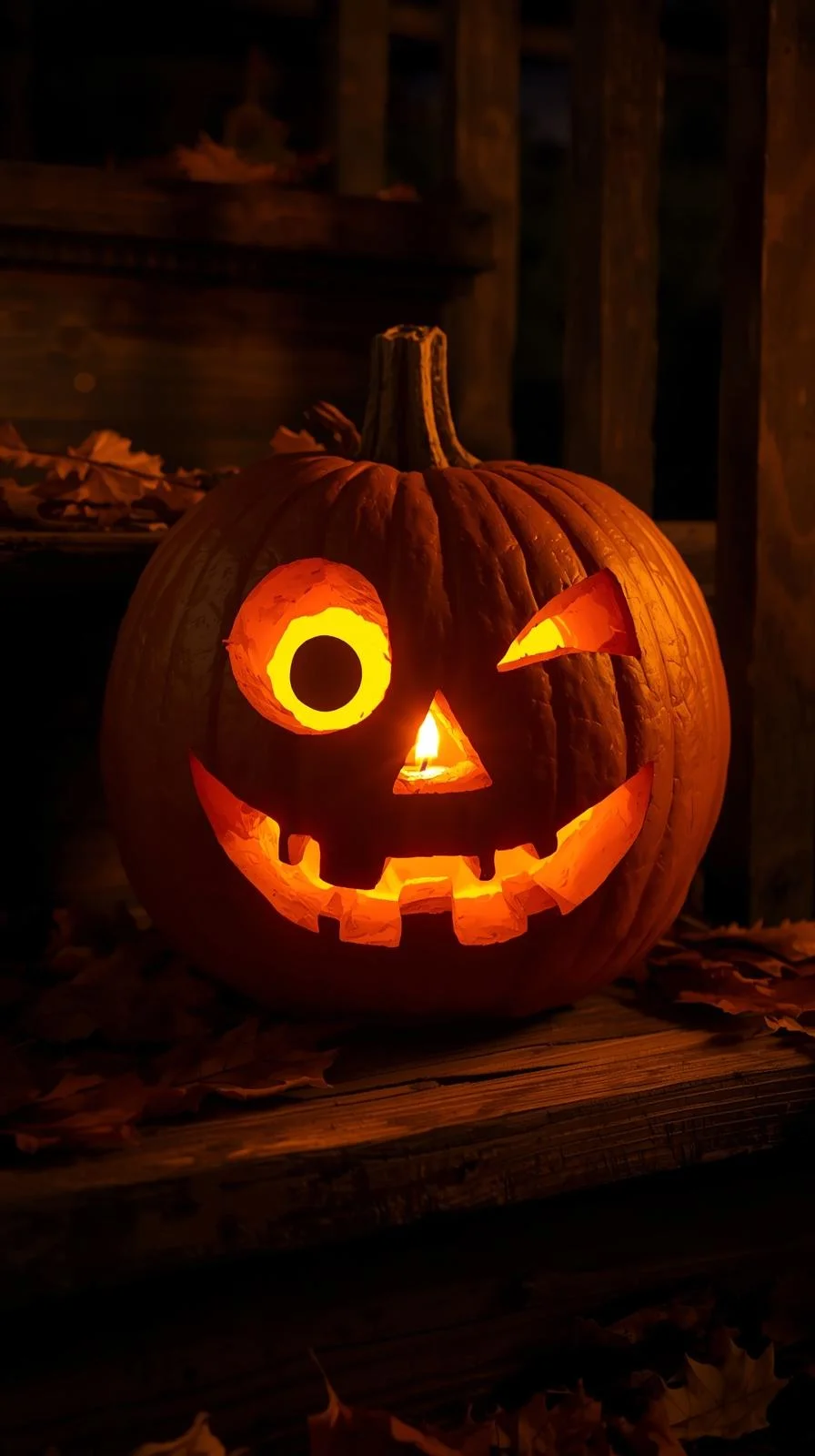 Carved pumpkin with a vintage asymmetrical face glowing warmly, part of playful vintage pumpkin faces ideas.