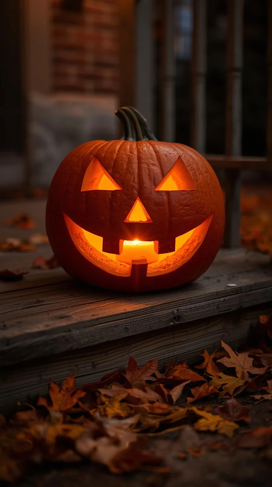 Real carved pumpkin glowing with a vintage crescent-eyed smile design, part of classic vintage pumpkin faces ideas.