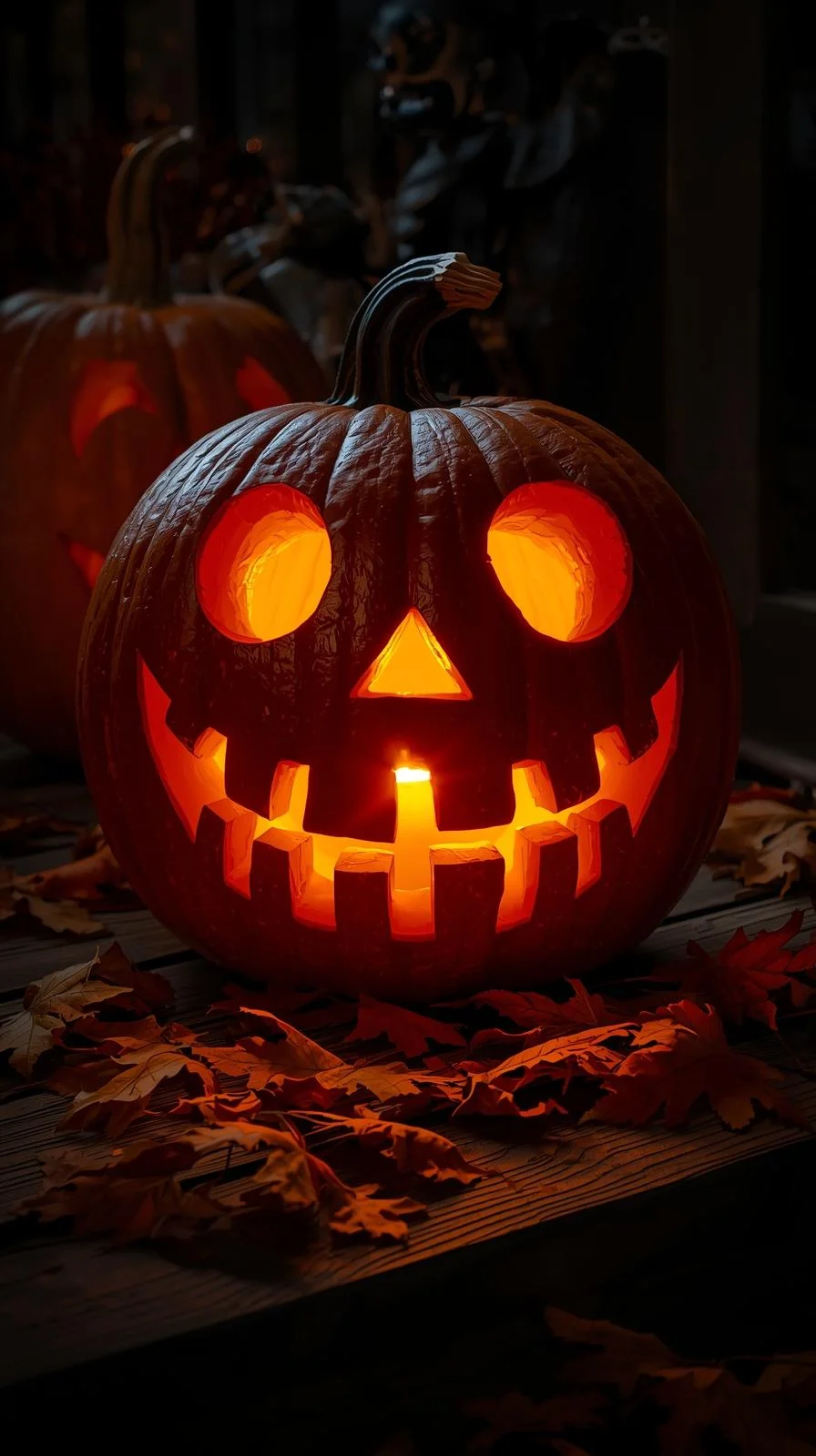 Carved pumpkin with a vintage double-toothed grin glowing warmly, part of cheerful vintage pumpkin faces ideas.
