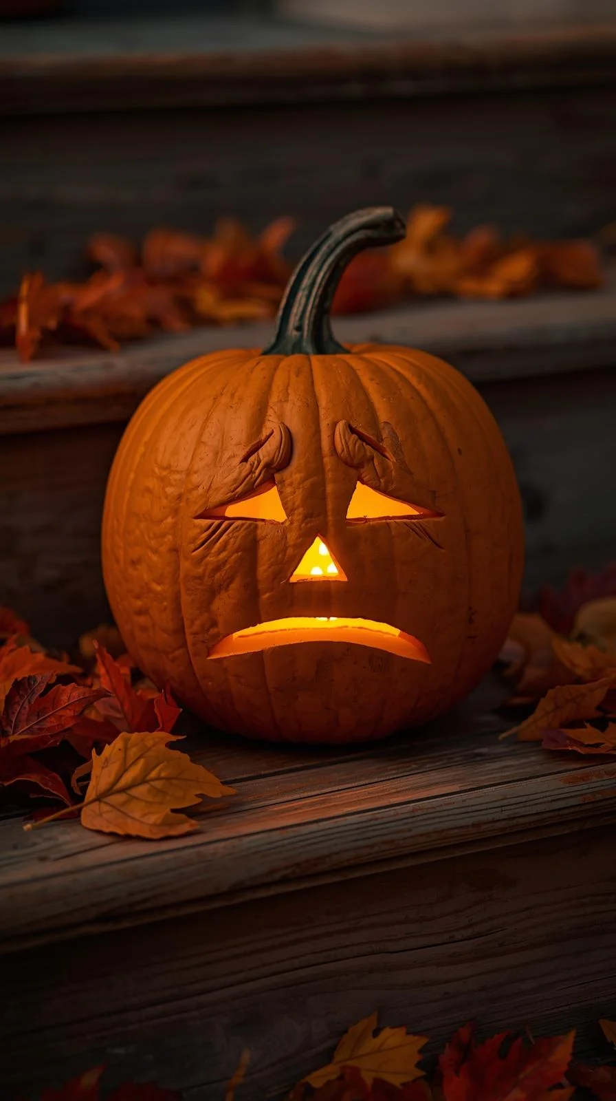 Carved pumpkin with a vintage droopy-eyed face glowing on porch steps, part of unique vintage pumpkin faces ideas.