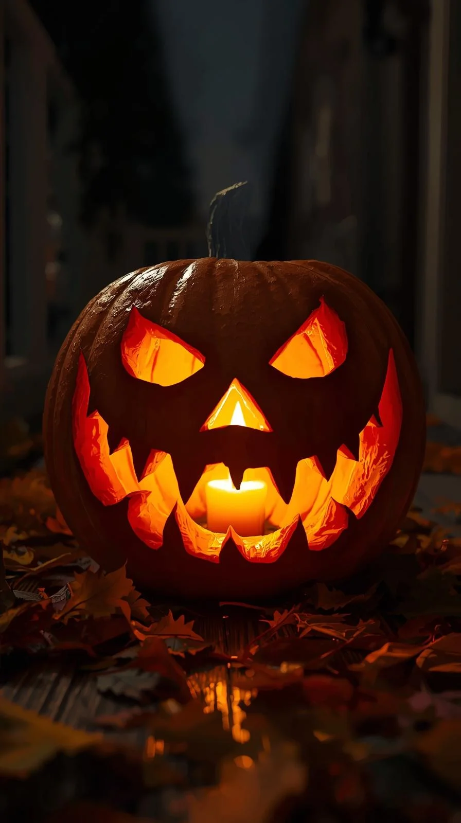 Vintage carved pumpkin with glowing haunted grin face, part of timeless pumpkin carving ideas.