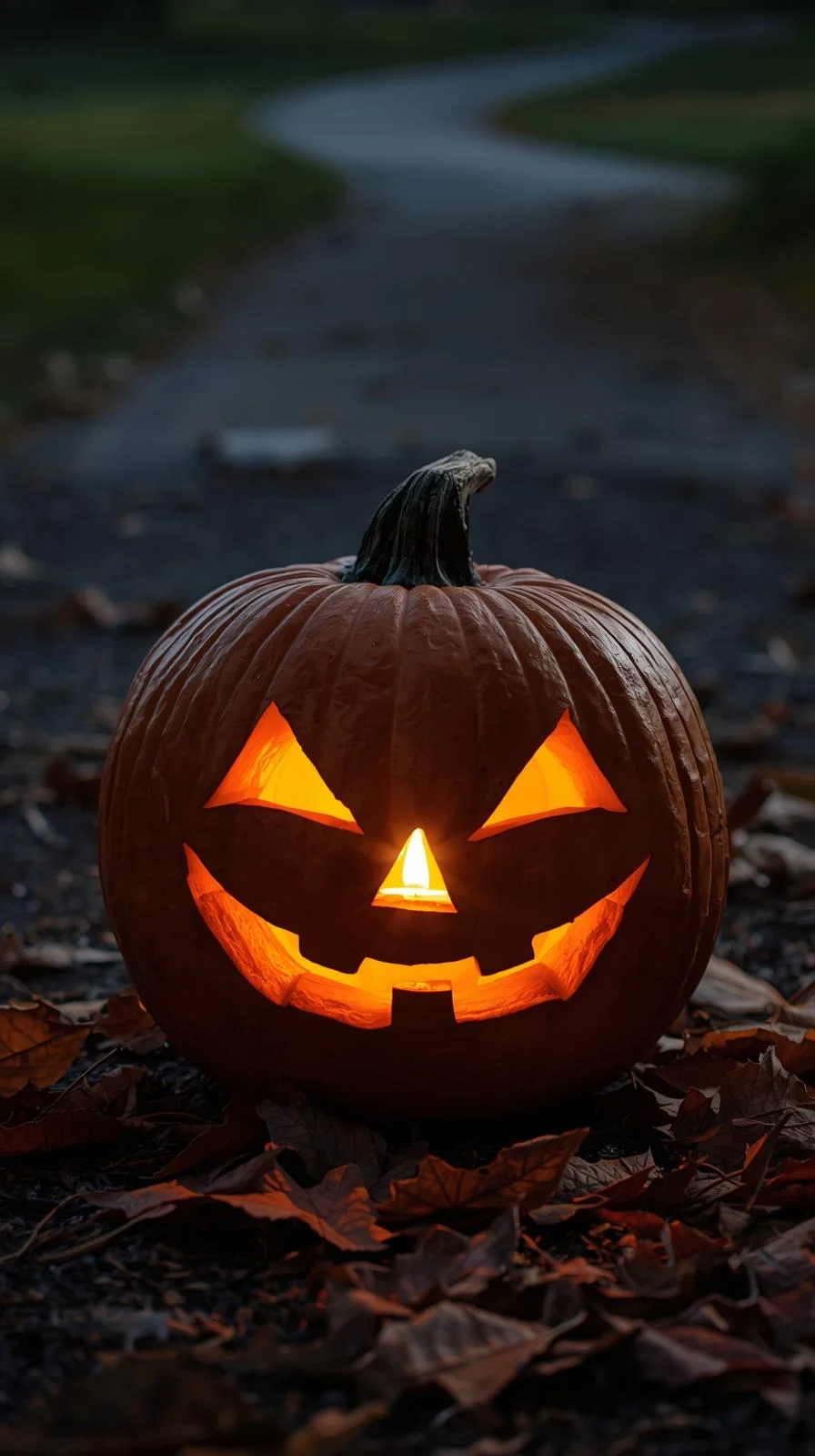 Carved pumpkin with a vintage lantern-style face glowing at the end of a driveway, part of classic vintage pumpkin faces ideas.