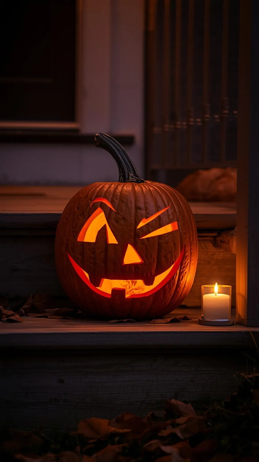 Carved pumpkin with a vintage mischievous wink face glowing at dusk, part of playful vintage pumpkin faces ideas.