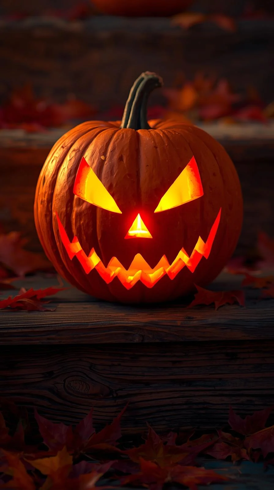 Carved pumpkin with a vintage sharp-toothed grin face glowing on a porch, part of spooky vintage pumpkin faces ideas.