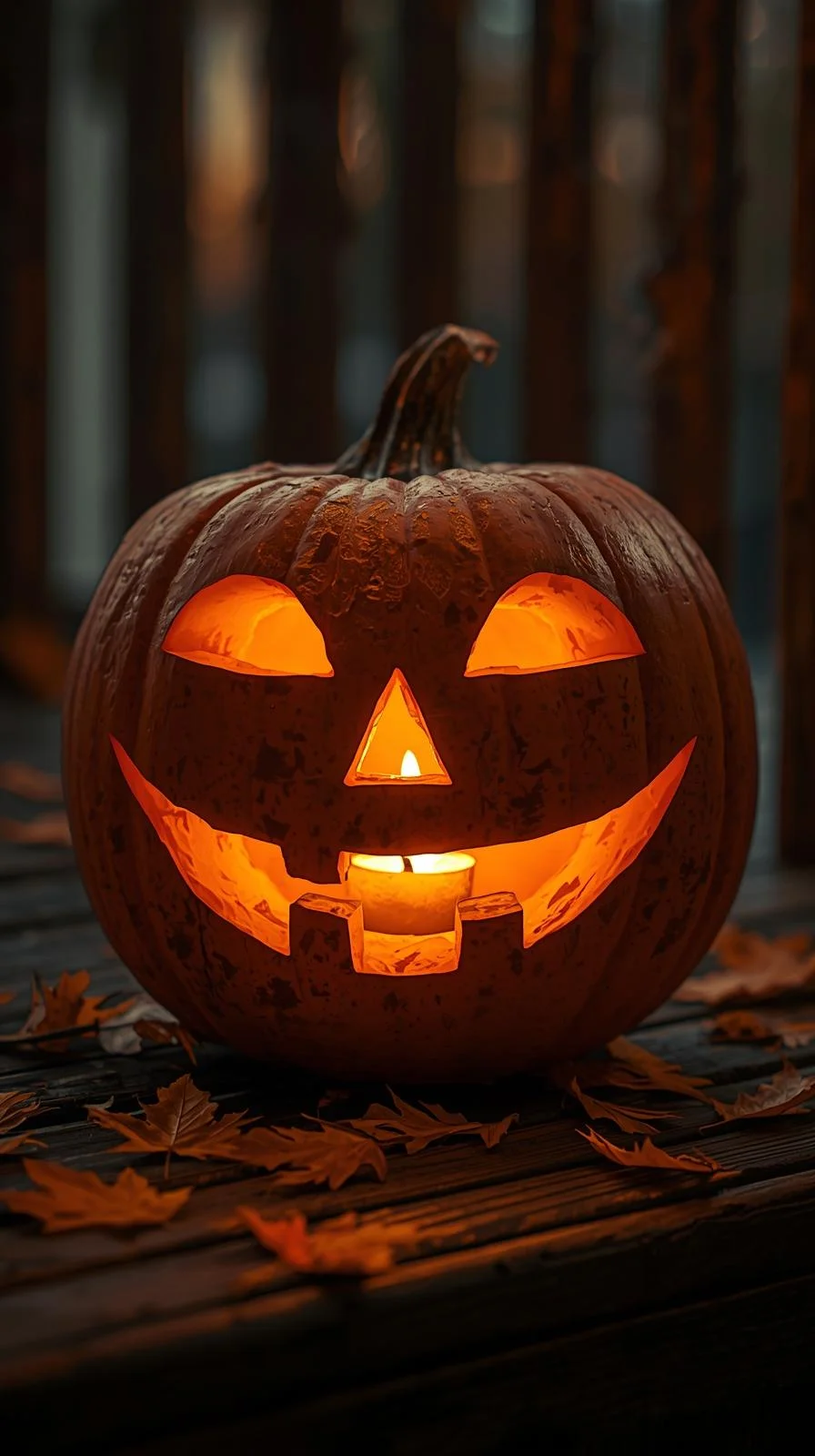 Carved pumpkin with a vintage toothless grin face glowing on a porch, part of classic vintage pumpkin faces ideas.