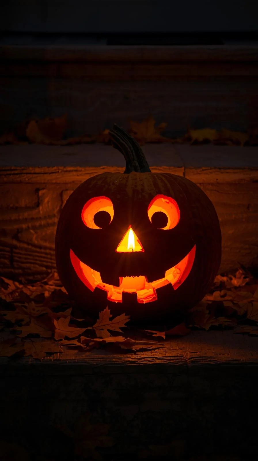 Carved pumpkin with a vintage wide-eyed surprise face glowing on a porch, part of expressive vintage pumpkin faces ideas.