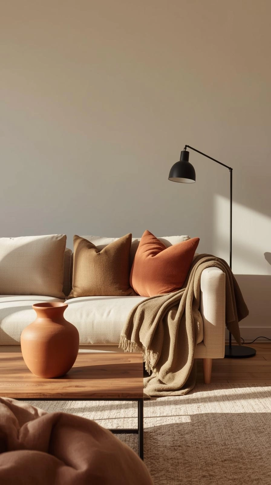Warm apartment aesthetic with earthy color palette including beige, taupe, terracotta, muted olive, and rust accents.