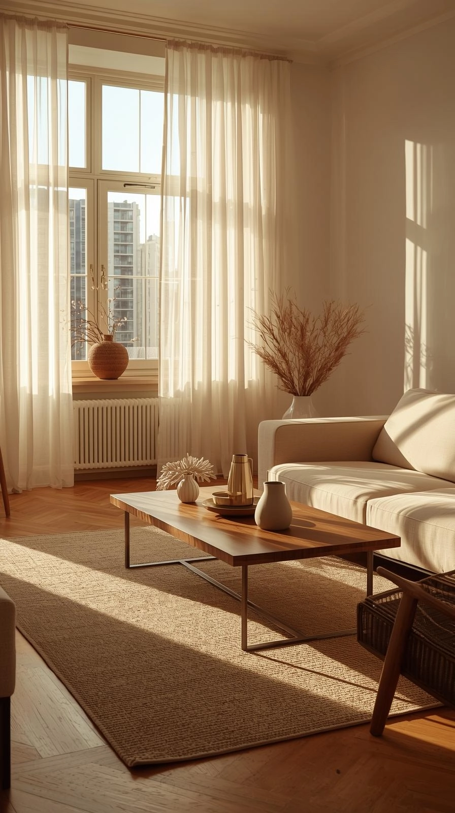Warm apartment aesthetic with natural light filtering through sheer curtains, creating soft shadows on a textured rug.