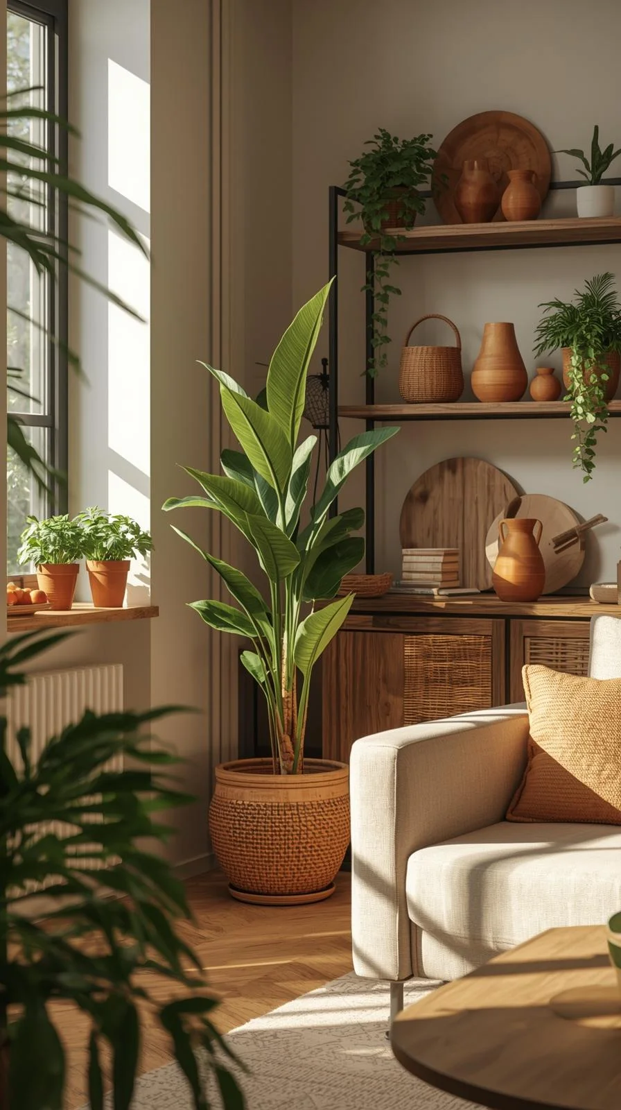 Warm apartment aesthetic with indoor plants, clay pots, wooden shelves, and woven baskets for a natural touch.