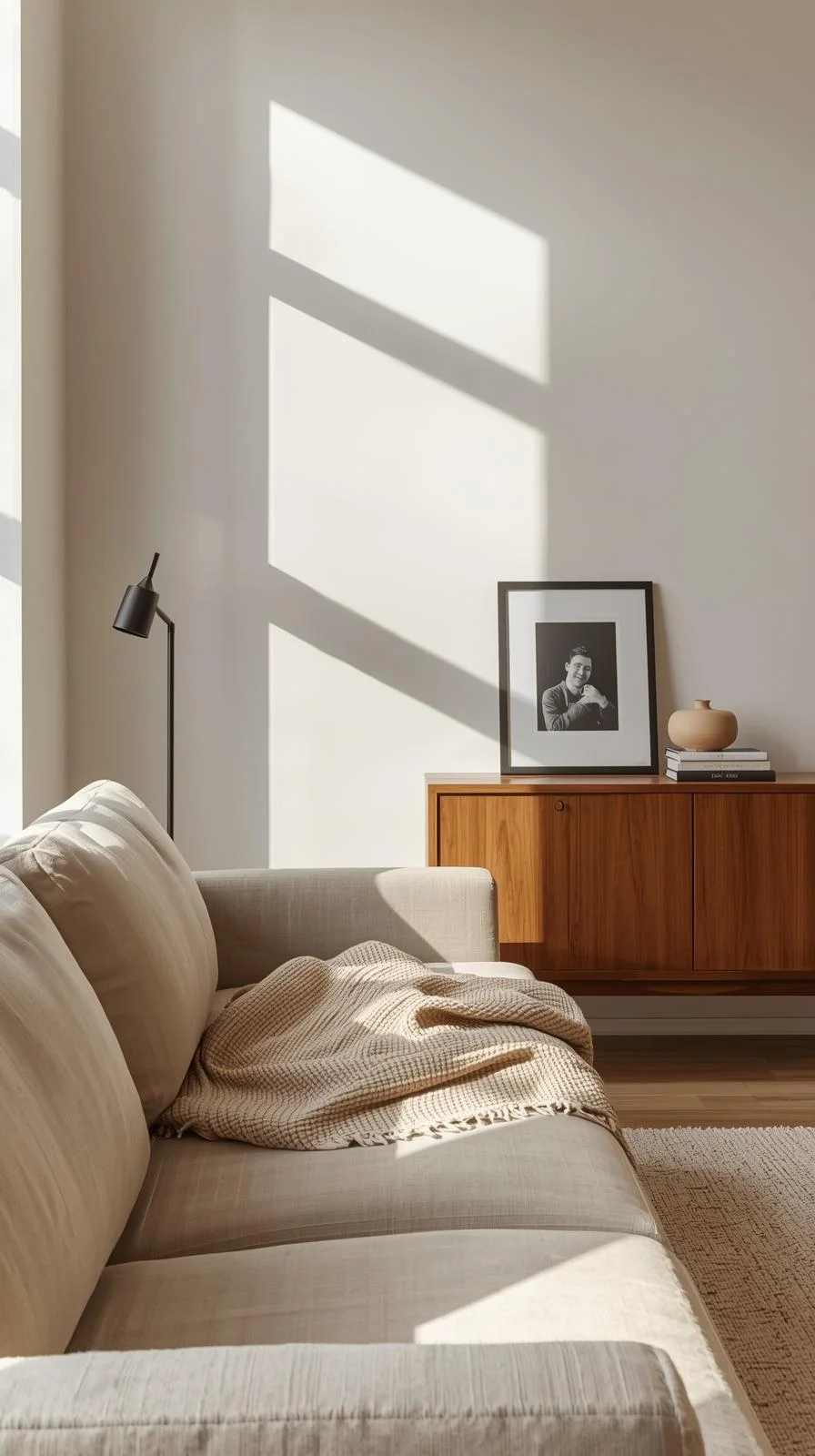 Warm apartment aesthetic with framed photos, books, and handmade ceramics adding personal details without clutter.