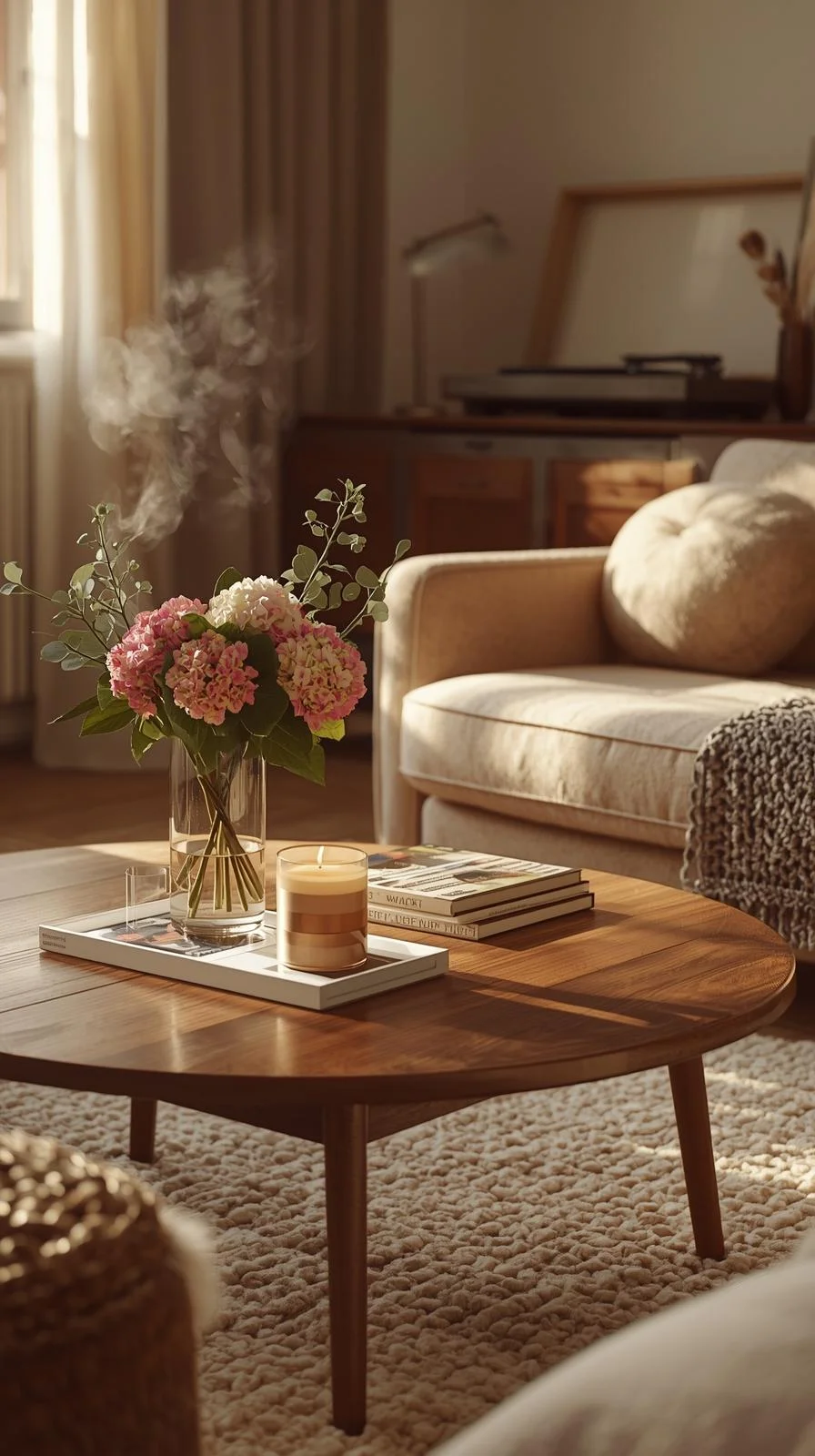 Warm apartment aesthetic with candles, diffuser, flowers, and a record player adding scent and sound to the space.