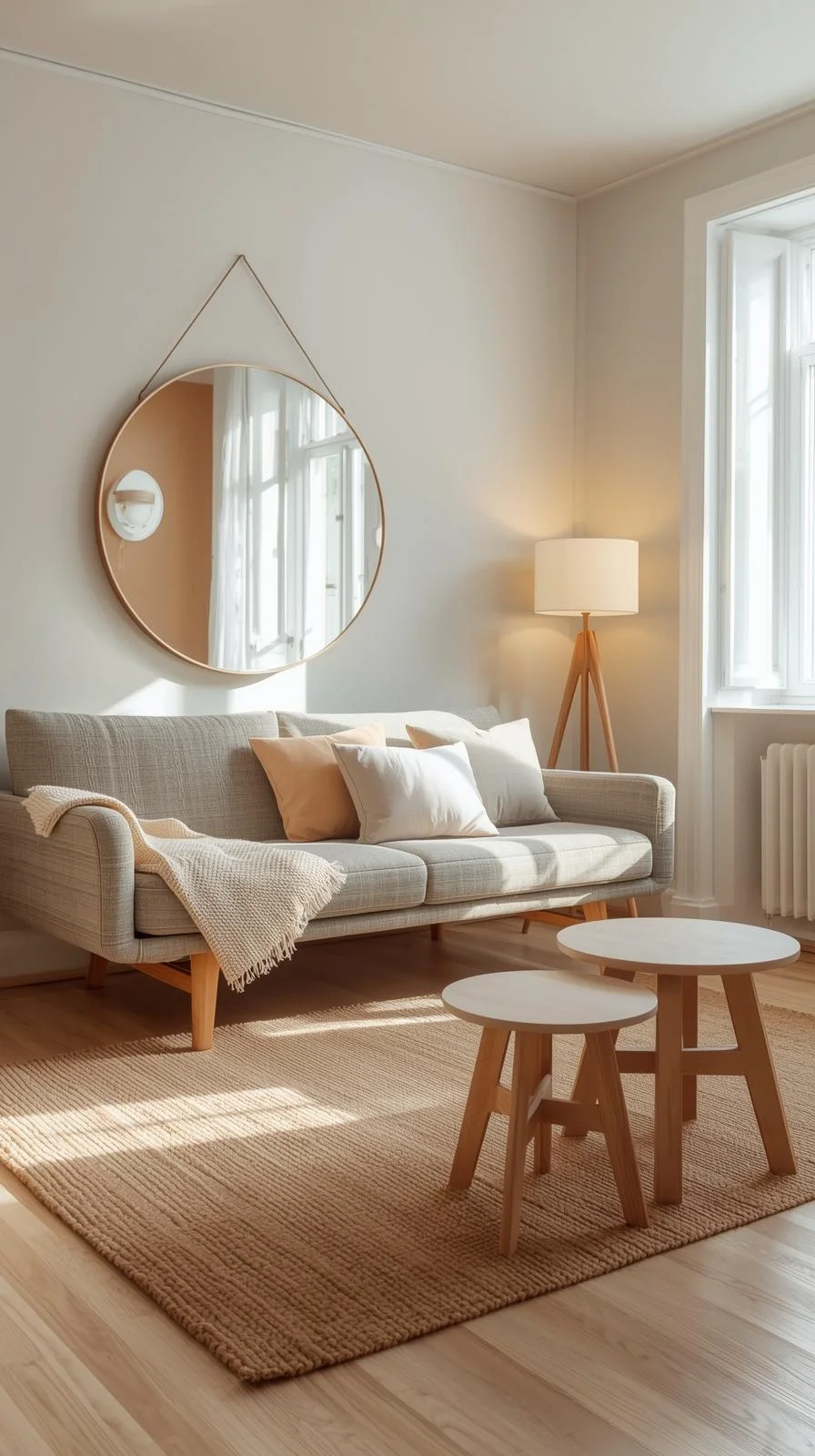 Small apartment living room with multifunctional furniture and warm apartment aesthetic featuring sofa bed, storage bench, and cozy rug.