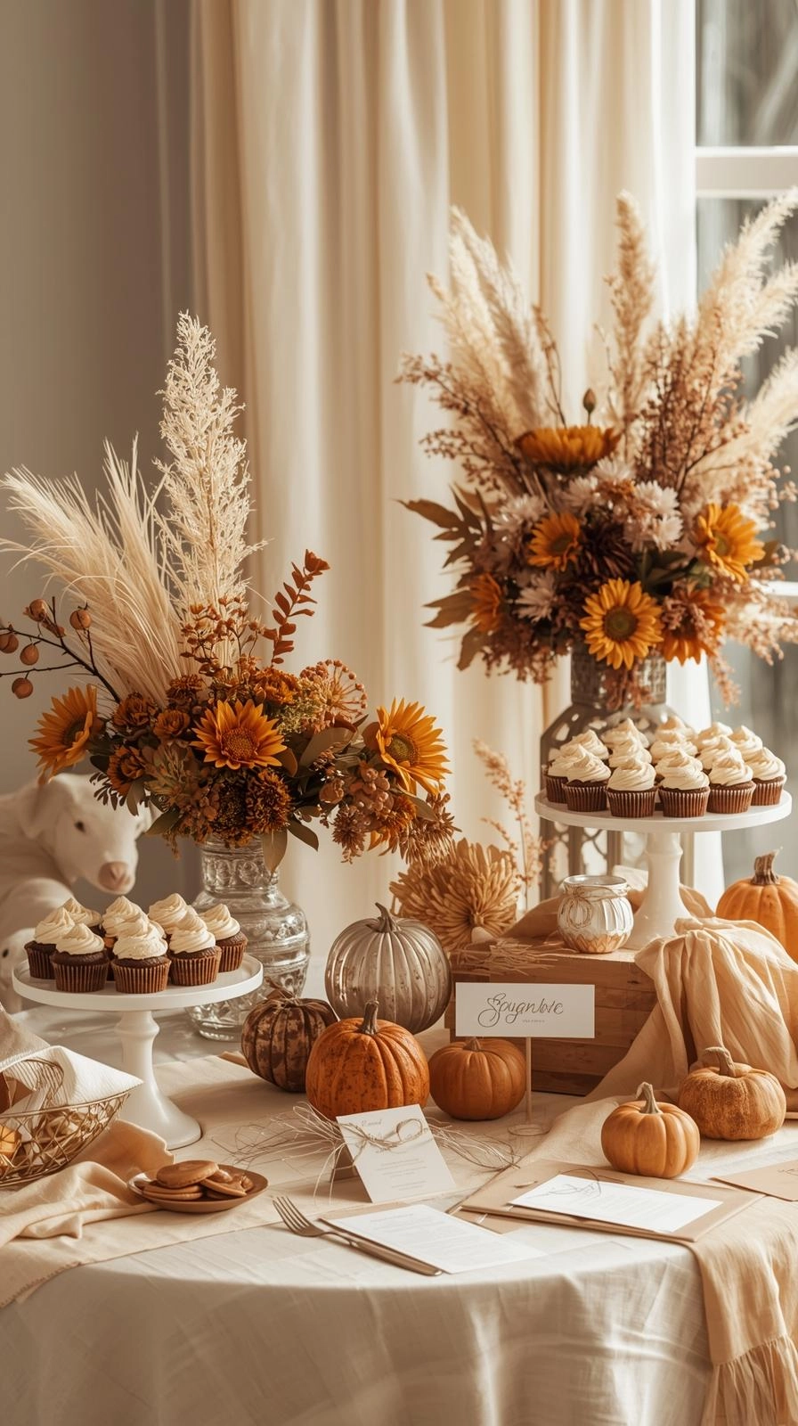 Fall baby shower decorated with warm and neutral colors in cream, burnt orange, mustard, and soft brown.