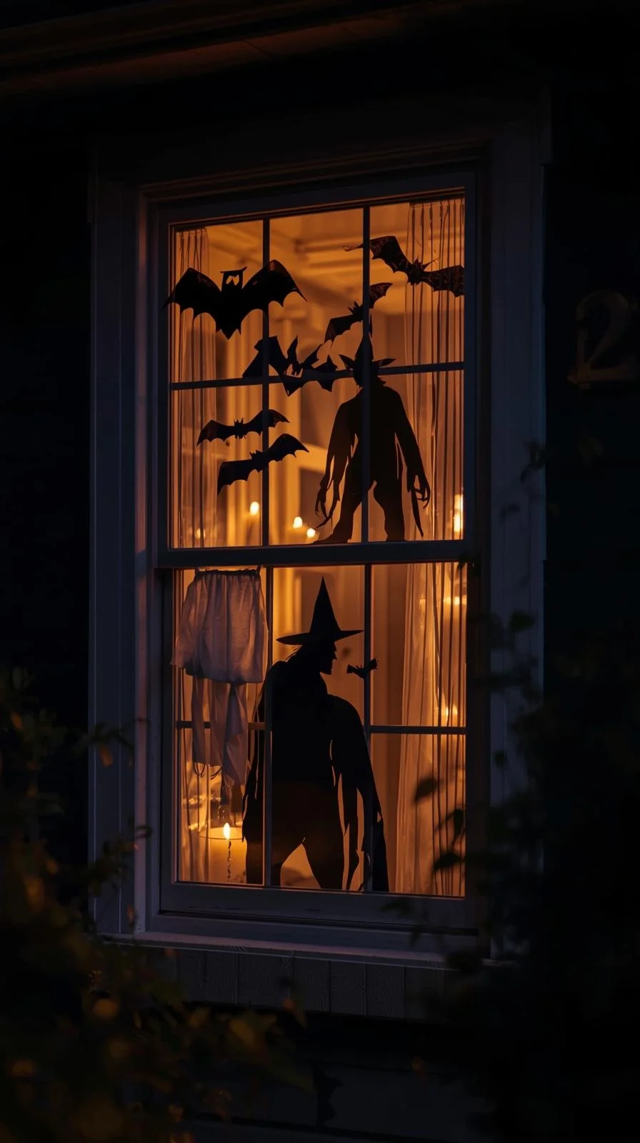 Windows with bat silhouettes and glowing candles, showing outdoor Halloween decorations ideas with simple movement.