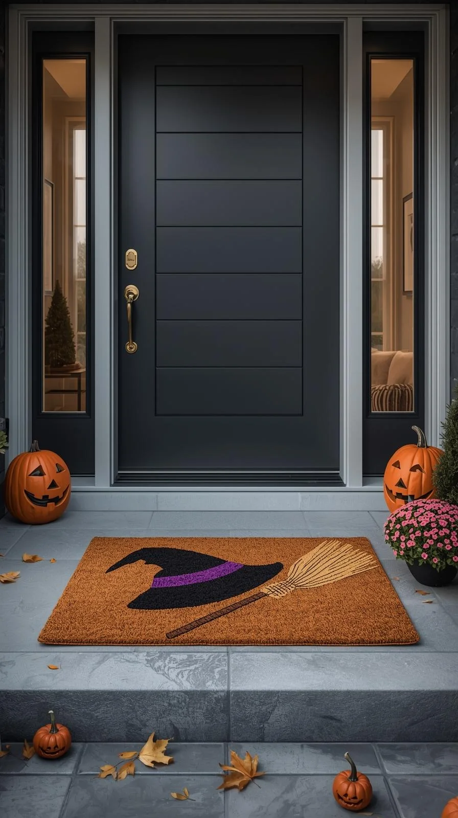 Front porch with DIY witch hat and broom painted doormat as part of classic Halloween doormat painting ideas.