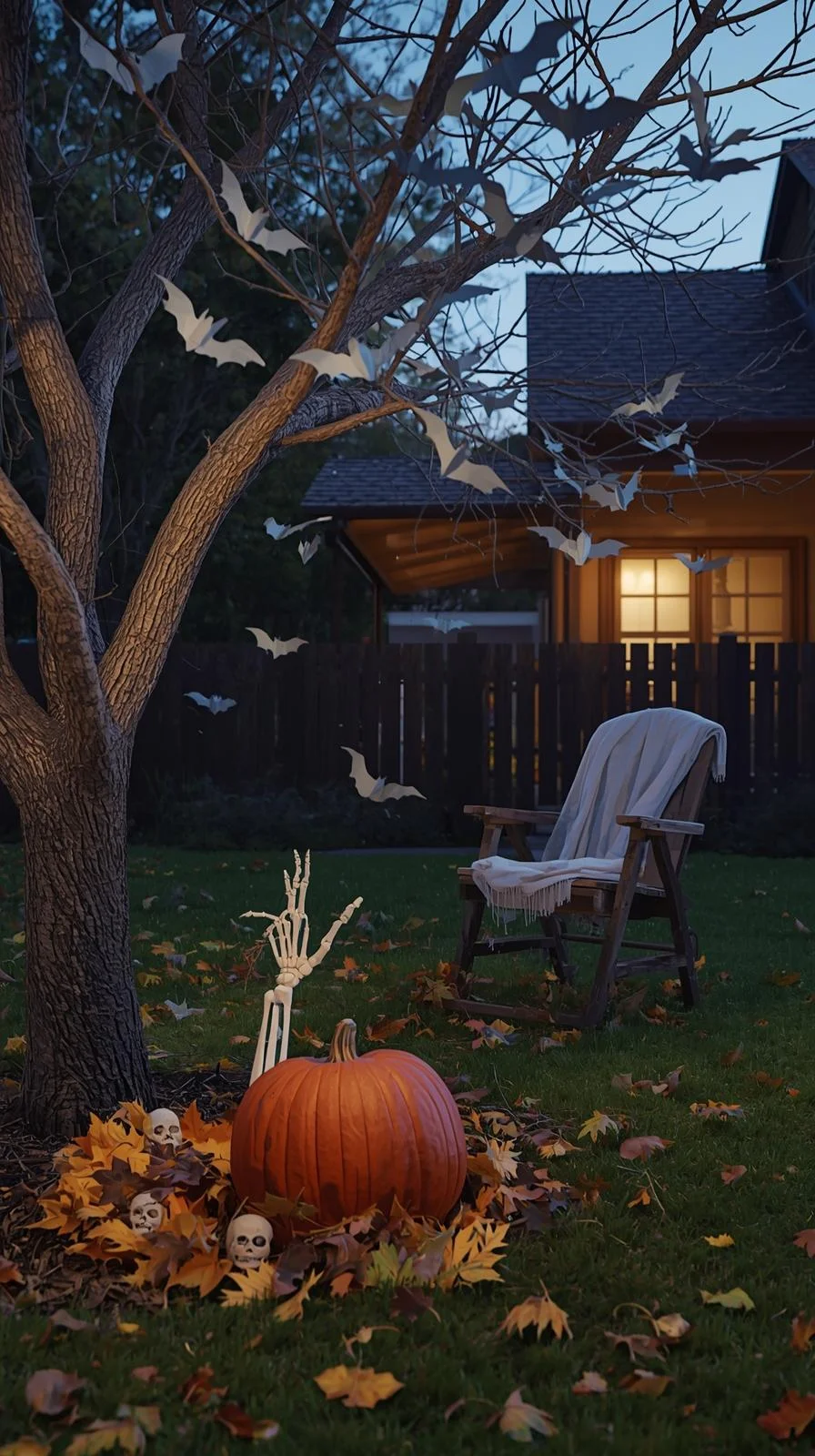 Yard with pumpkins, bats, and skeleton hand, showing outdoor Halloween decorations ideas using everyday items.