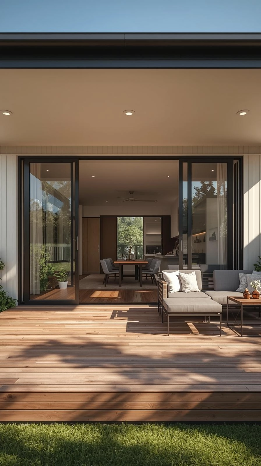 Modern 1 bedroom granny flat with open living area extending to a covered wooden deck for outdoor living.
