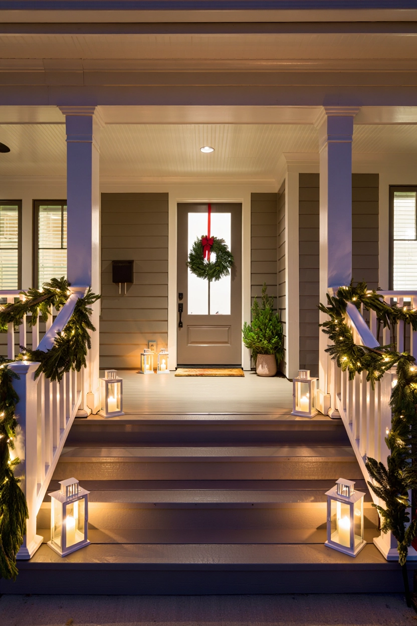 Front porch Christmas decor with greenery, wreath, and lanterns styled in a clean, balanced holiday layout.