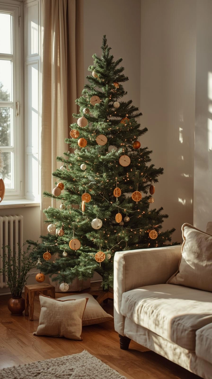 Natural Christmas decor featuring a simple tree with soft white lights, wooden ornaments, and dried oranges in a cozy living room.