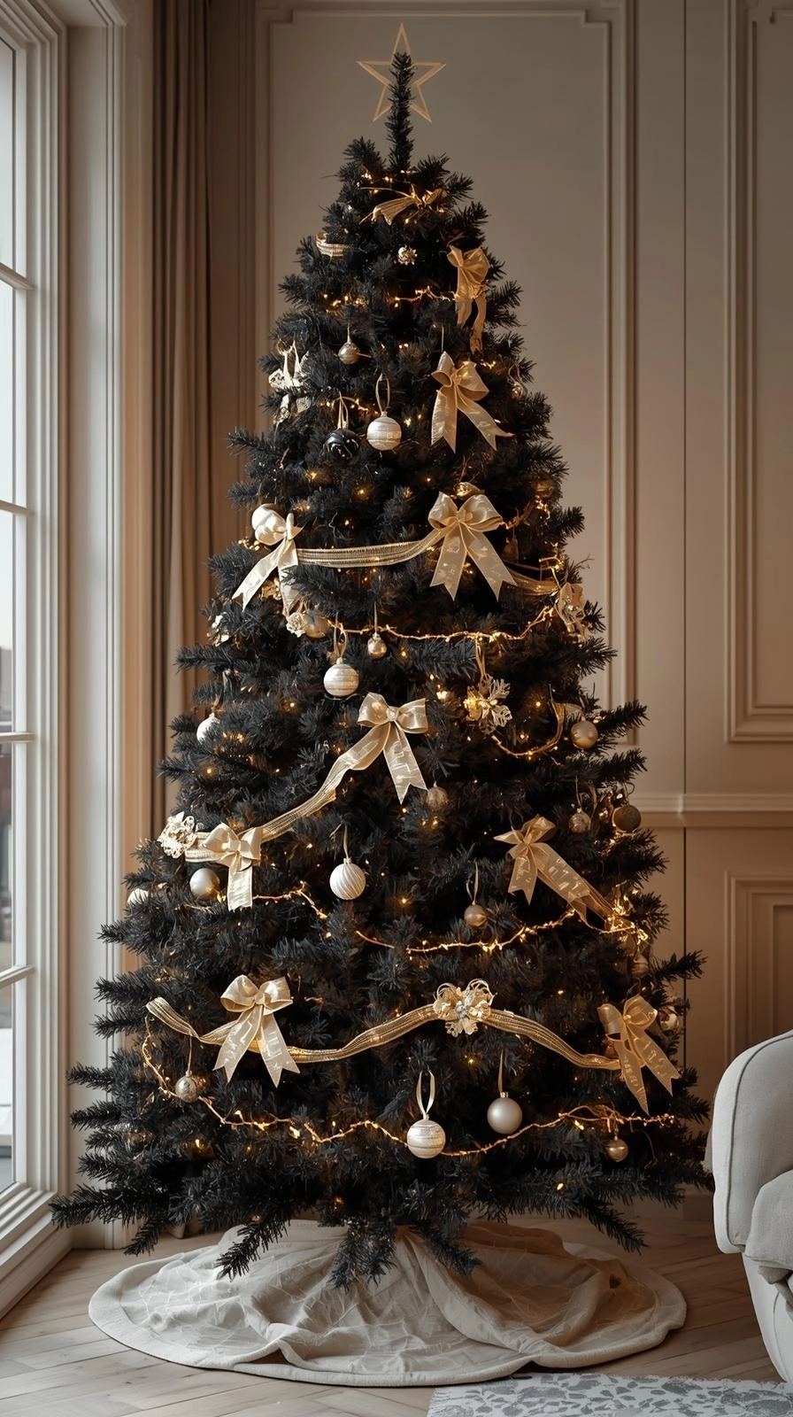 Elegant black Christmas tree decorated with gold ribbons, glass ornaments, and warm fairy lights in a cozy neutral living room.