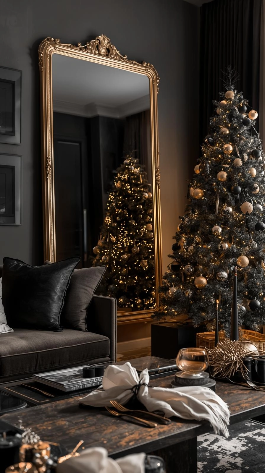 Elegant black and gold Christmas living room with gold mirror, festive accents, and cozy lighting.