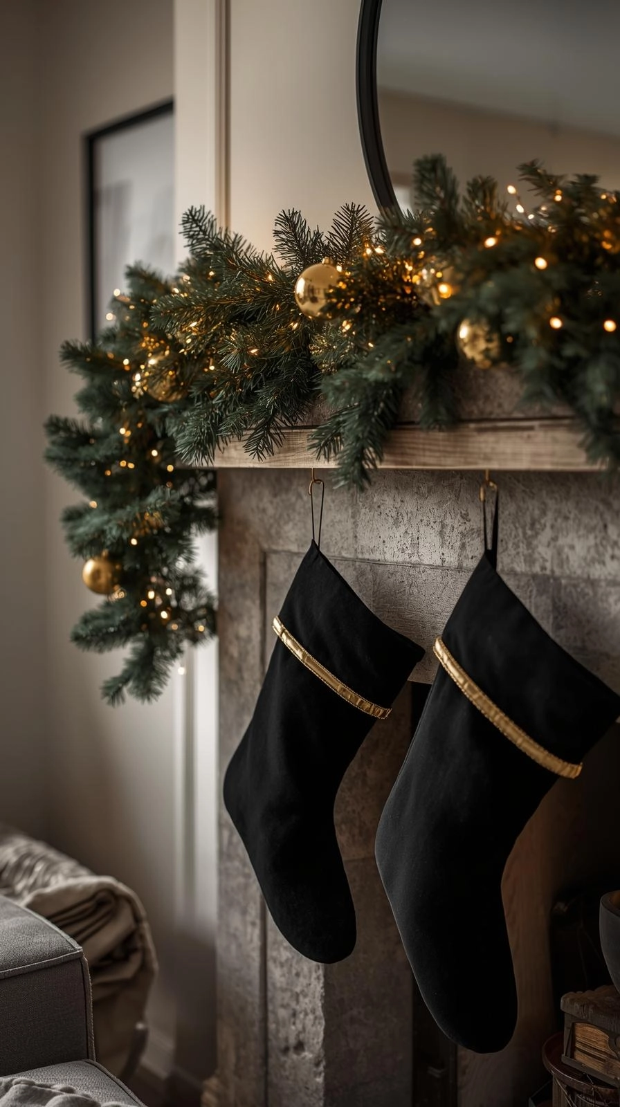 Modern Christmas mantel with black velvet stockings trimmed in gold, soft fairy lights, and greenery for a cozy festive look.