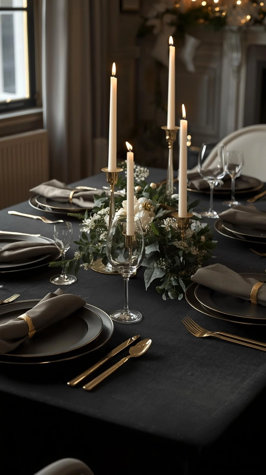 Elegant black and gold Christmas table setting with matte plates, gold cutlery, fresh greenery, and warm candlelight.