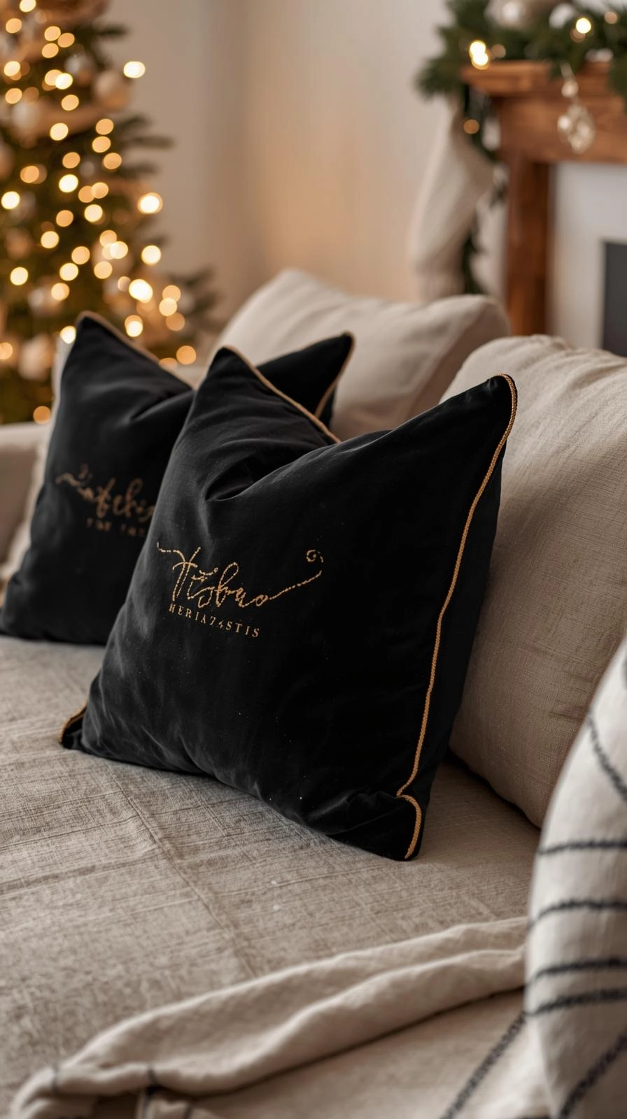 Cozy living room with black and gold throw pillows and a soft blanket adding festive warmth to a neutral Christmas decor setup.