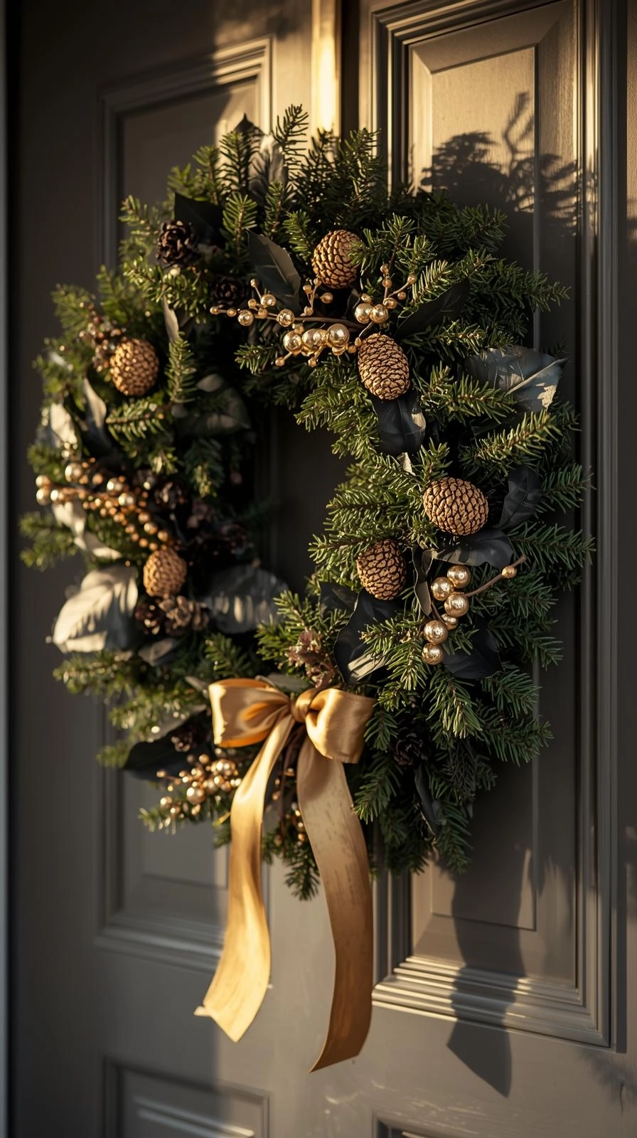 Black and gold Christmas wreath with gold berries, pinecones, and ribbon hanging on a neutral front door for a festive look.