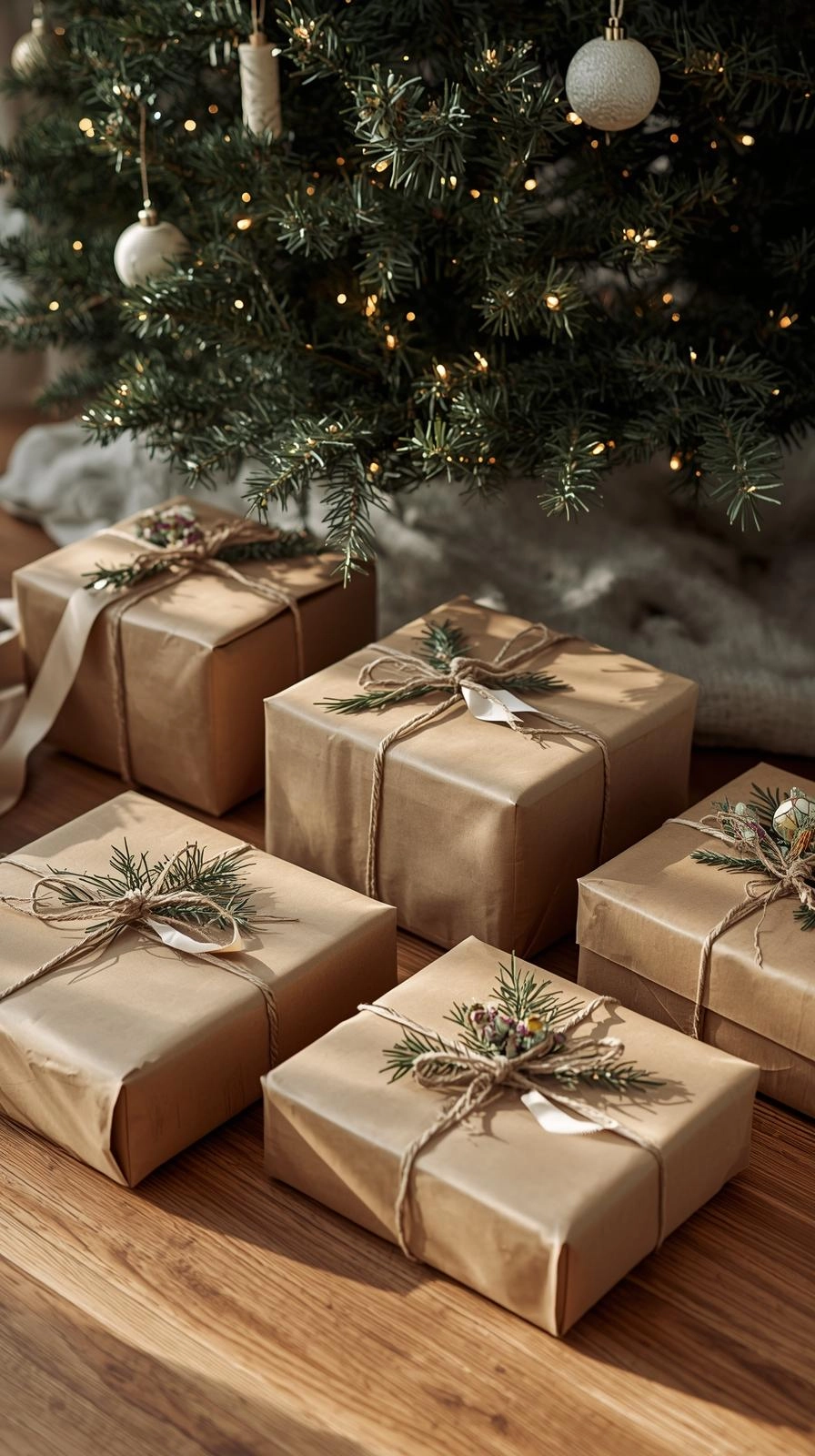 Natural Christmas decor with gifts wrapped in brown paper and twine, decorated with pine sprigs under a cozy tree.
