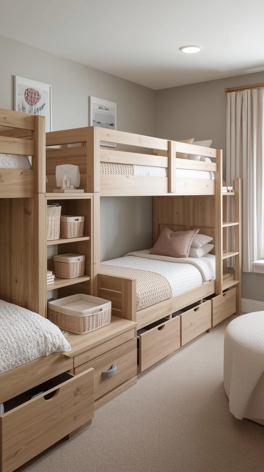 Bunk bedroom decor ideas with built-in storage drawers and shelves for a clean, organized, and clutter-free space.