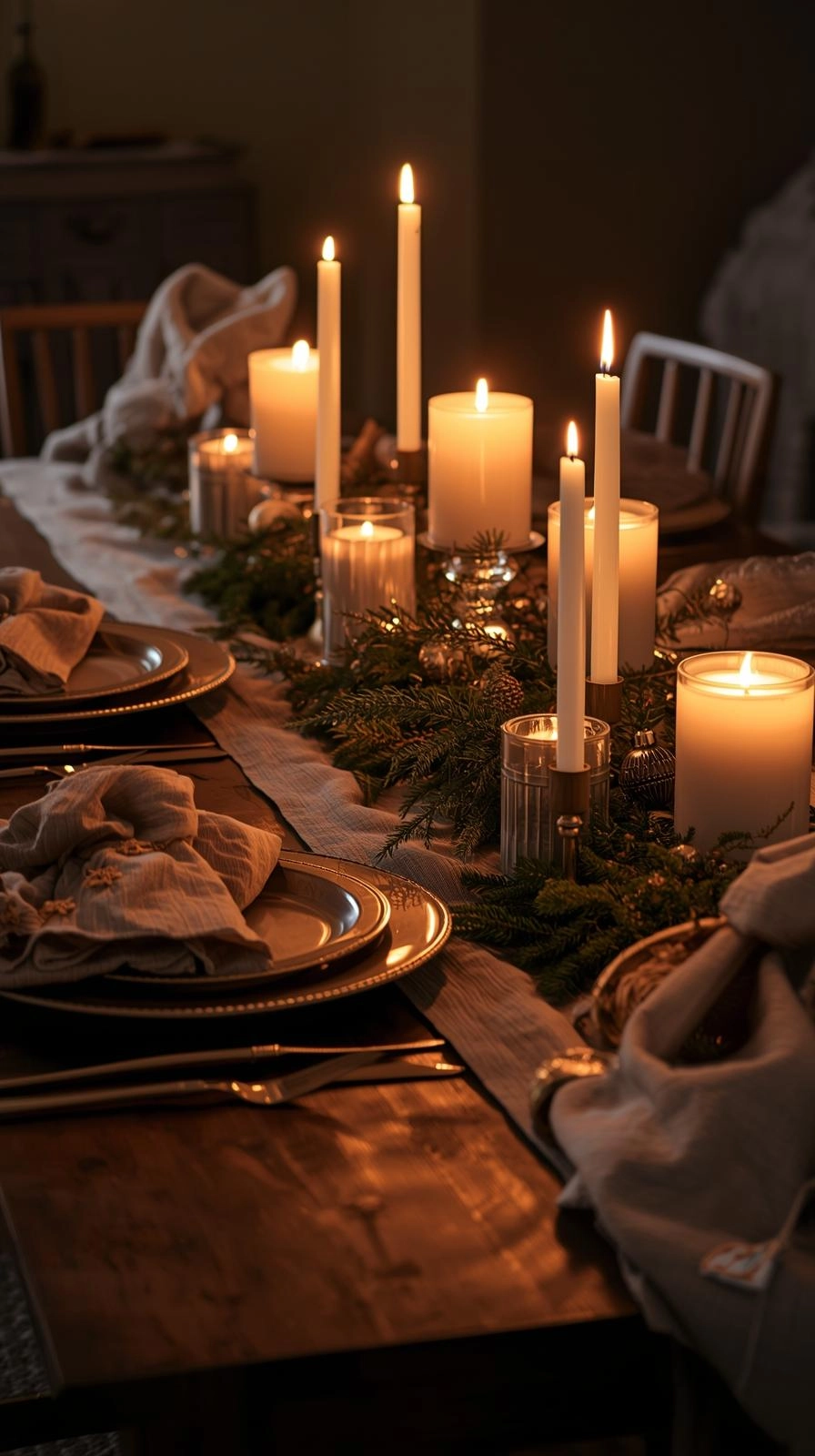 Christmas table settings with mixed candlelight, textured linens, greenery, and ornaments for a warm, cozy festive glow.