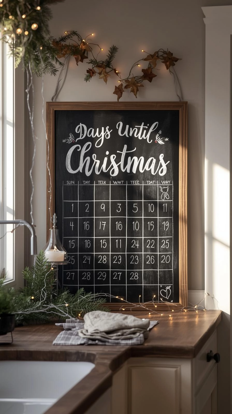 Christmas chalkboard art countdown calendar with “Days Until Christmas” message and festive holiday decor.