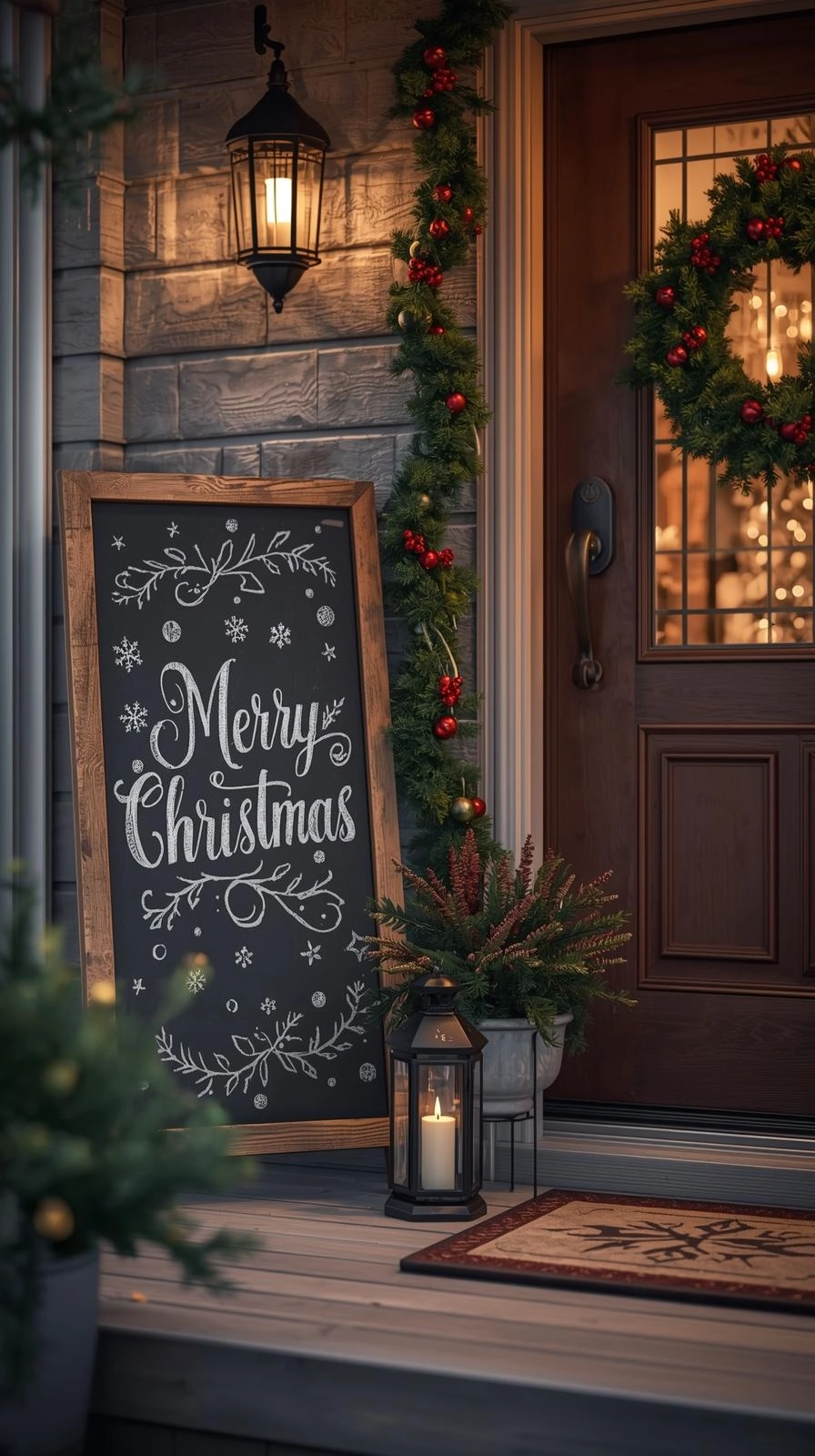 Christmas chalkboard art sign on a decorated front porch with garland, evergreens, and lanterns.