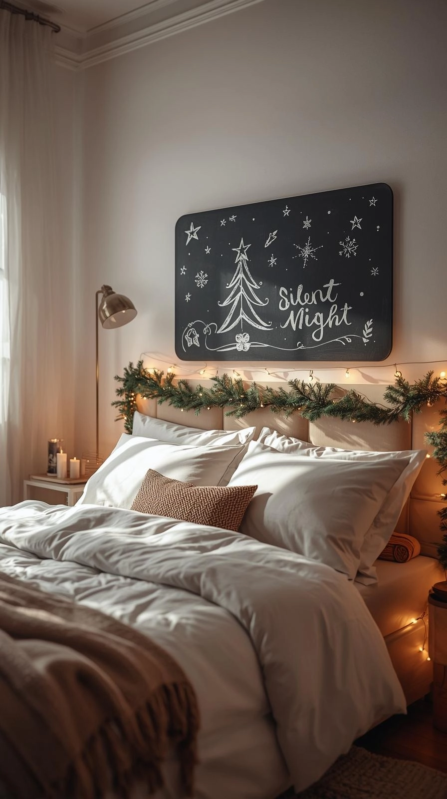 Cozy bedroom with Christmas chalkboard art above the bed featuring hand-drawn stars and a “Silent Night” design.