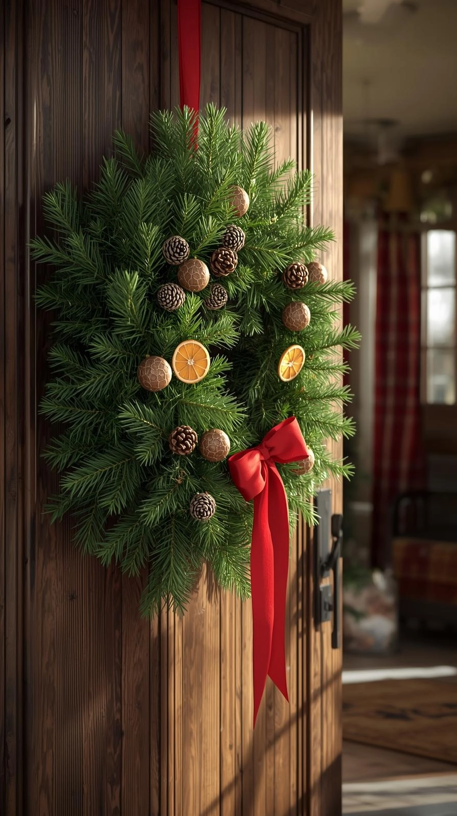A traditional evergreen Christmas wreath made of pine and cedar branches with red ribbon, pinecones, and dried oranges hanging on a wooden door.
