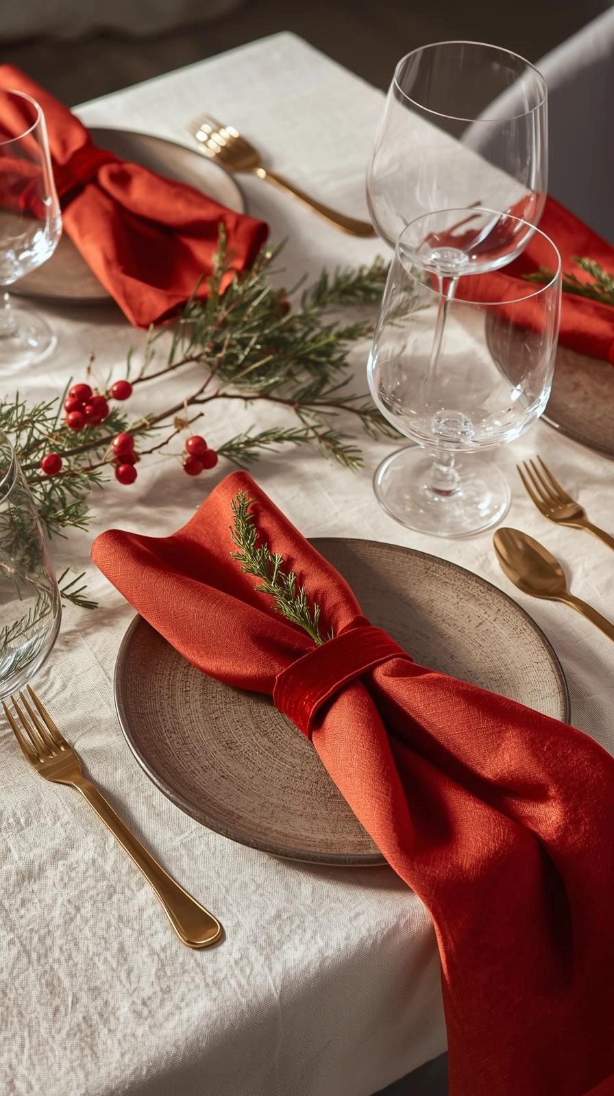 Modern Christmas table settings in red and white with velvet napkins, greenery, and soft holiday lighting.