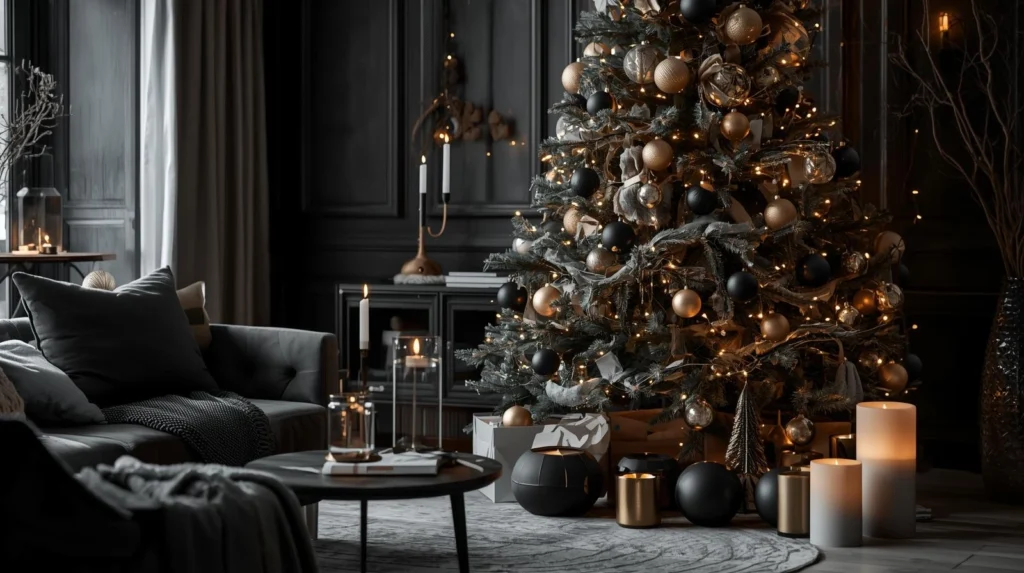 Black and gold Christmas living room decor with elegant ornaments, fairy lights, and cozy festive style.