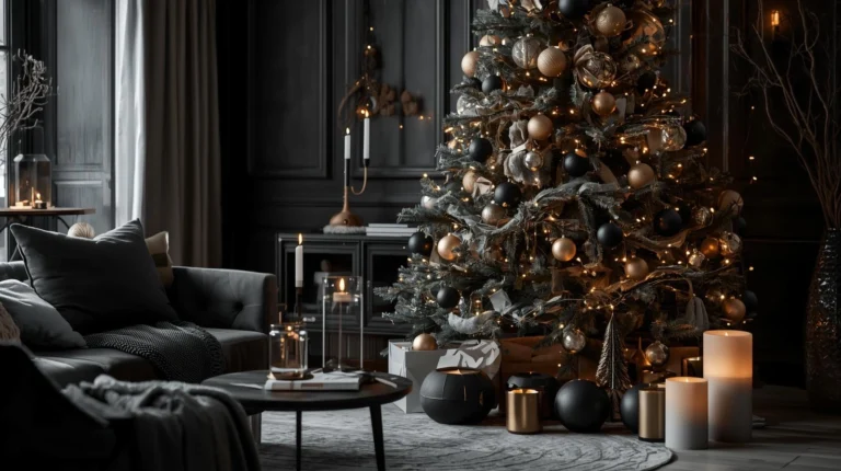 Black and gold Christmas living room decor with elegant ornaments, fairy lights, and cozy festive style.