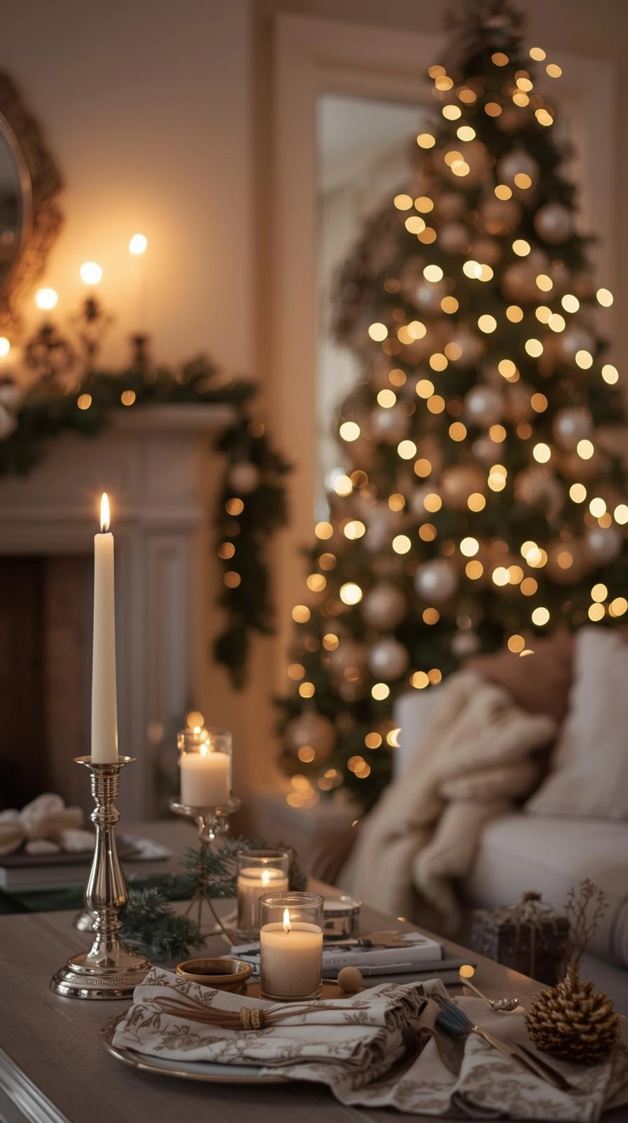 Classy Christmas decor in a warm living room featuring heirloom candle holders, handmade ornaments, and timeless festive touches.