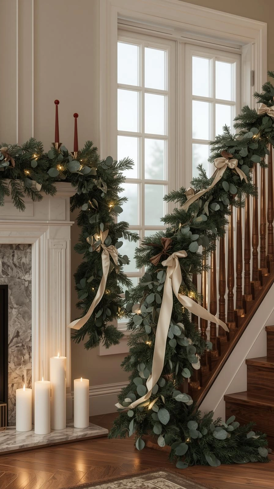 Elegant living room decorated with natural pine and eucalyptus garlands, creating a classy Christmas decor look with warm fairy lights.
